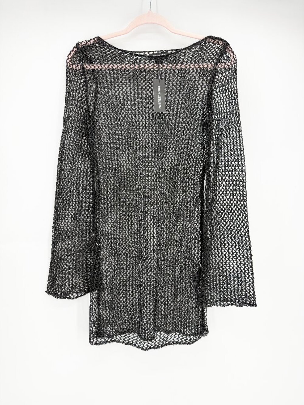 PRETTY LITTLE THING Crochet Sequin Knit LS Cover Up Mini Dress in BLACK NEW S - Picture 2 of 9